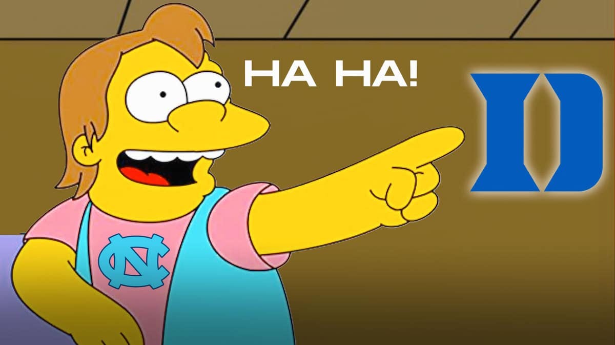Nelson from The Simpsons representing North Carolina basketball laughing at Duke