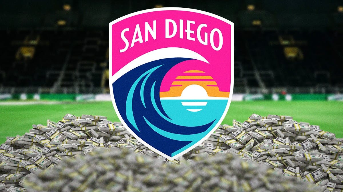 The NWSL San Diego Wave FC logo on a soccer field, with piles of money