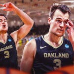 oakland basketball's Jack Gohlke with animated tears and looking up