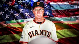 Bob Melvin in San Francisco Giants gear at Oracle Park with the USA flag in image.