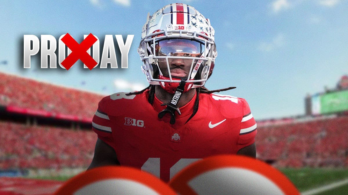 Ohio State football WR and NFL draft prospect Marvin Harrison Jr. next to the words “PRO DAY” with a red x over it