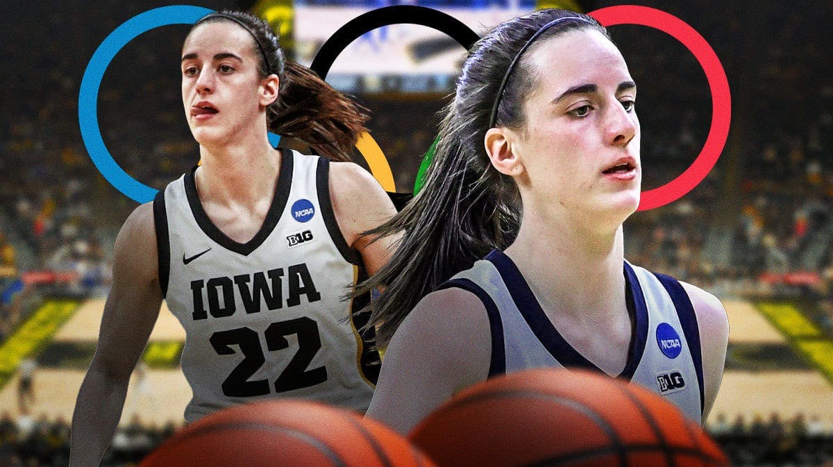 Iowa women’s basketball player Caitlin Clark, in action playing basketball, with the Olympic rings behind her