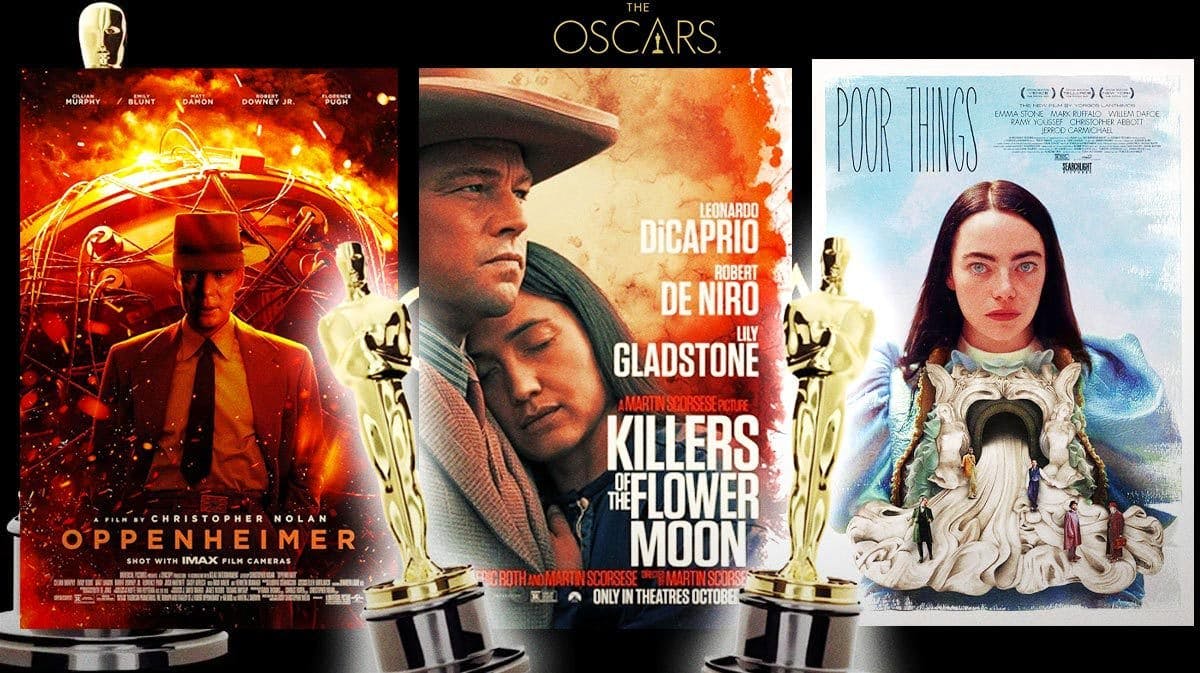 Oscars logo and trophy with posters of Oppenheimer, Killers of the Flower Moon, and Barbie.
