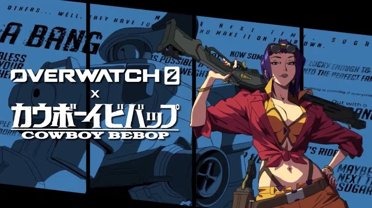 overwatch 2 cowboy bebop, overwatch 2 collab, overwatch cowboy bebop collab, overwatch 2, cowboy bebop collab, a screenshot from the trailer of ashe as faye valentine with the overwatch 2 and cowboy bebop collab logo on the left