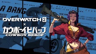 overwatch 2 cowboy bebop, overwatch 2 collab, overwatch cowboy bebop collab, overwatch 2, cowboy bebop collab, a screenshot from the trailer of ashe as faye valentine with the overwatch 2 and cowboy bebop collab logo on the left