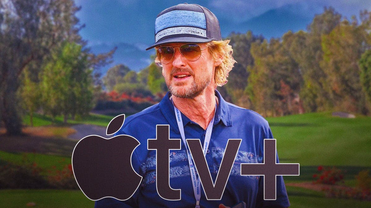 Owen Wilson on a golf course with an Apple TV+ logo.