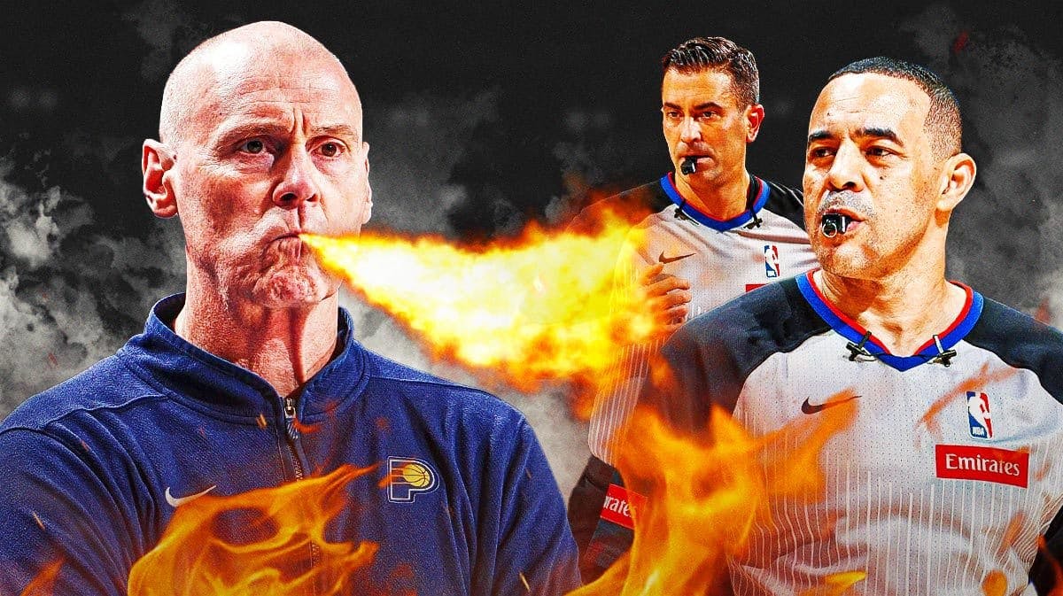 Rick Carlisle breathing fire on one side, two NBA referees on the other side