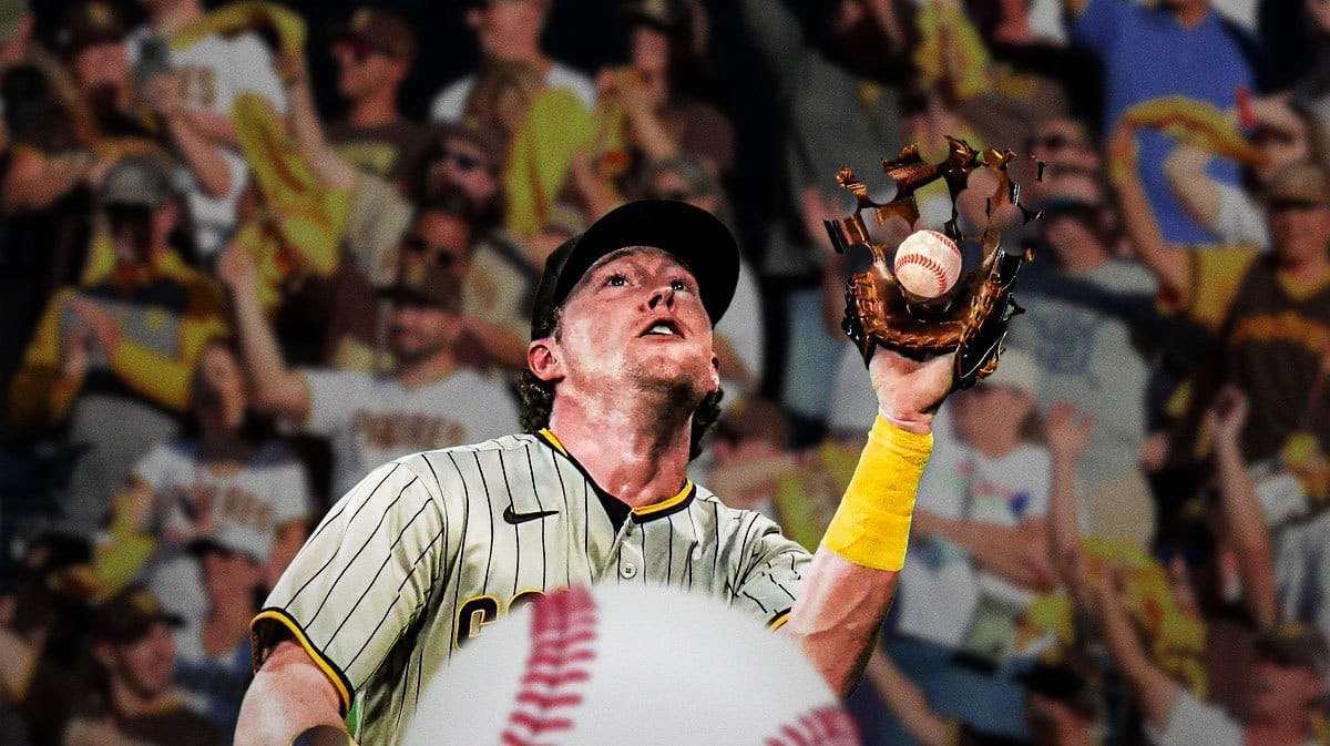 Need a baseball going through Padres' Jake Cronenworth’s baseball glove. Make it evident that the ball broke the glove.