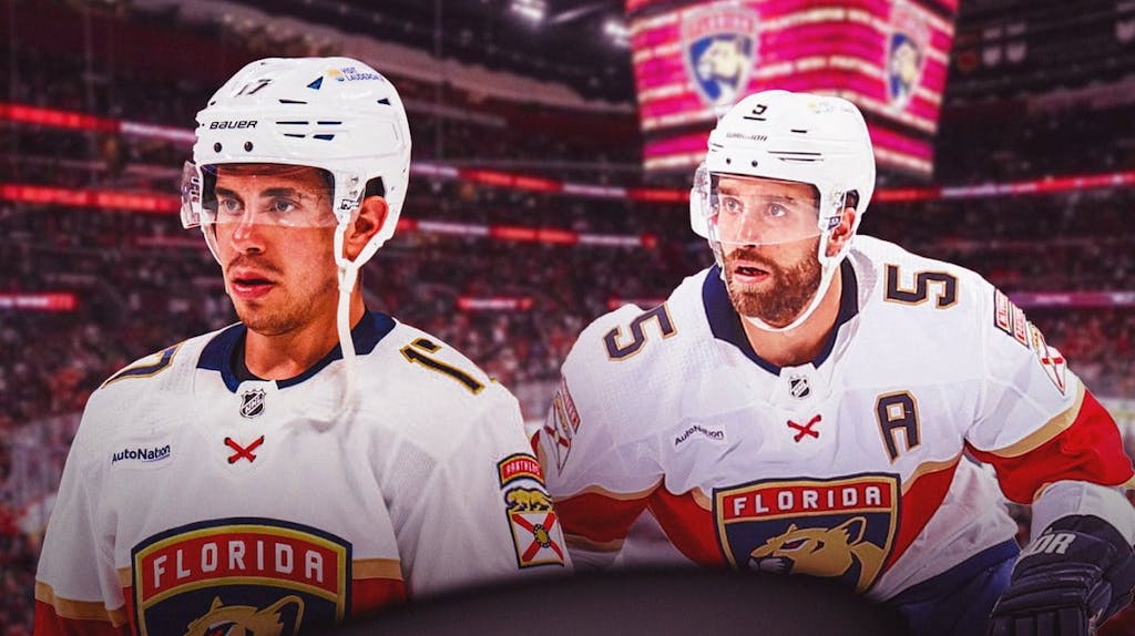 Aaron Ekblad and Evan Rodrigues with Florida Panthers jerseys