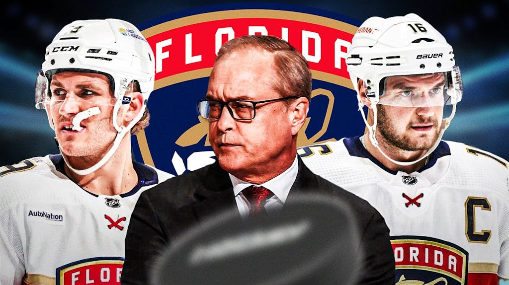 Paul Maurice in middle looking angry, Matthew Tkachuk and Sasha Barkov, FLA Panthers logo, hockey rink in background