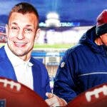 Patriots, Bill Belichick, Rob Gronkowski, The Dynasty, The Dynasty Doc, Rob Gronkowski and Bill Belichick with Patriots stadium in the background
