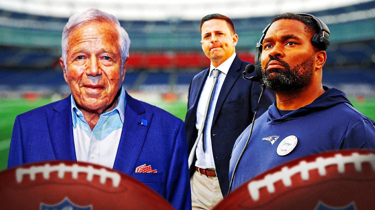 Robert Kraft on the left with Eliot Wolf and Jerod Mayo on the right.