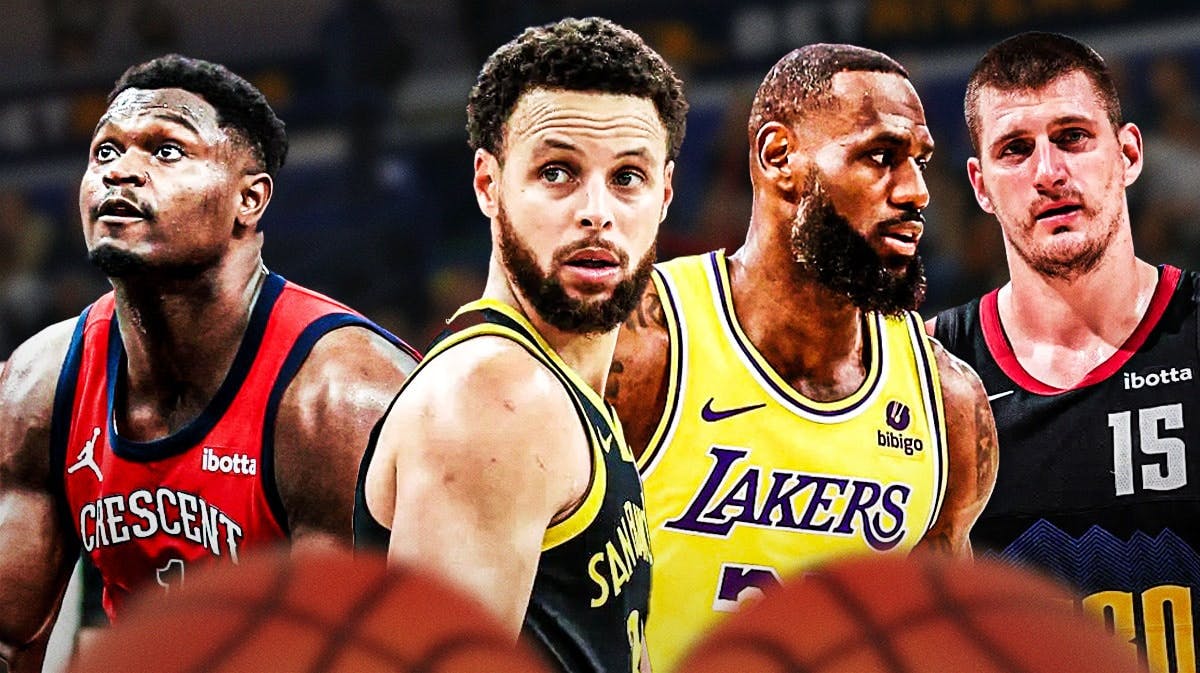 Pelicans Zion Williamson next to Warriors Steph Curry, Lakers LeBron James and Nuggets Nikola Jokic