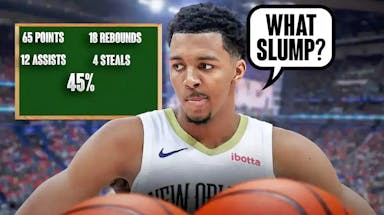 Trey Murphy III with word bubble asking 'What Slump?” with a last three games scoreboard showing he accounted for 65 points, 18 rebounds, 12 assists, and four steals while shooting over 45% from beyond the arc over the past three games.