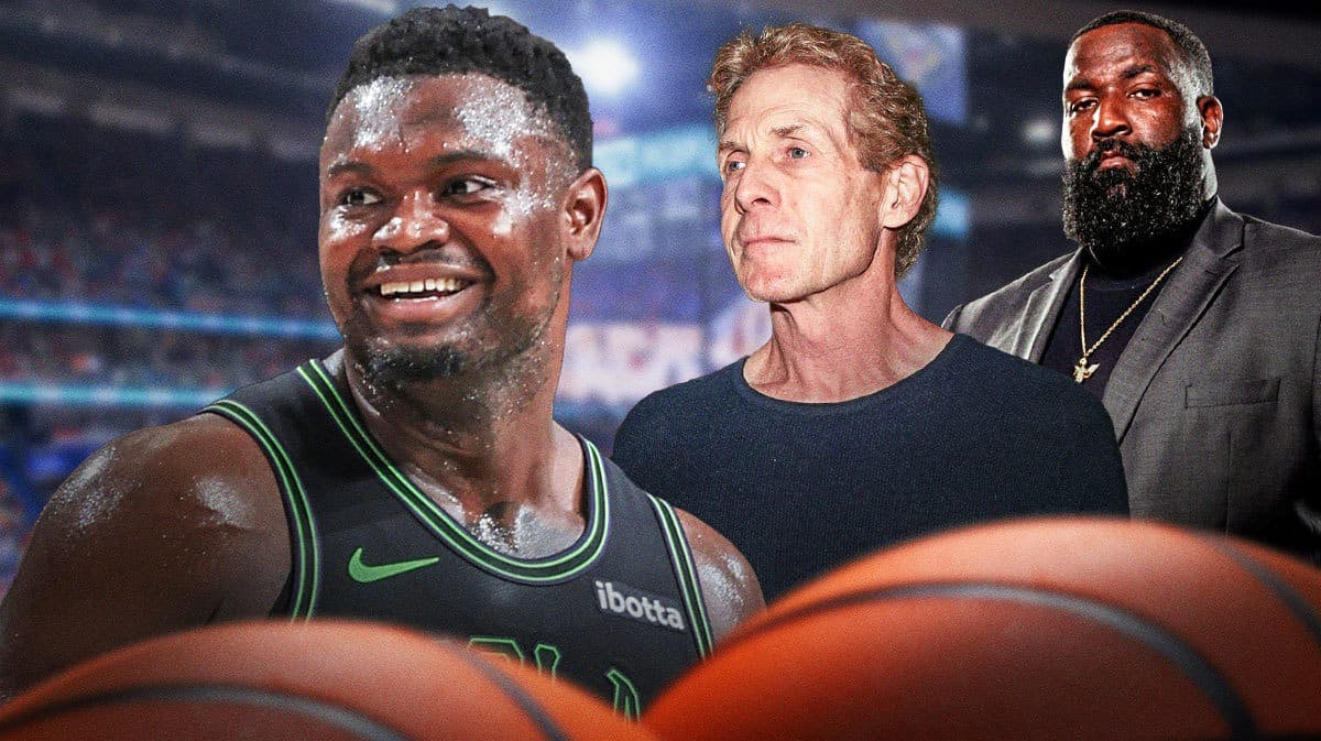 Pelicans star Zion Williamson with Kendrick Perkins and Skip Bayless looking.