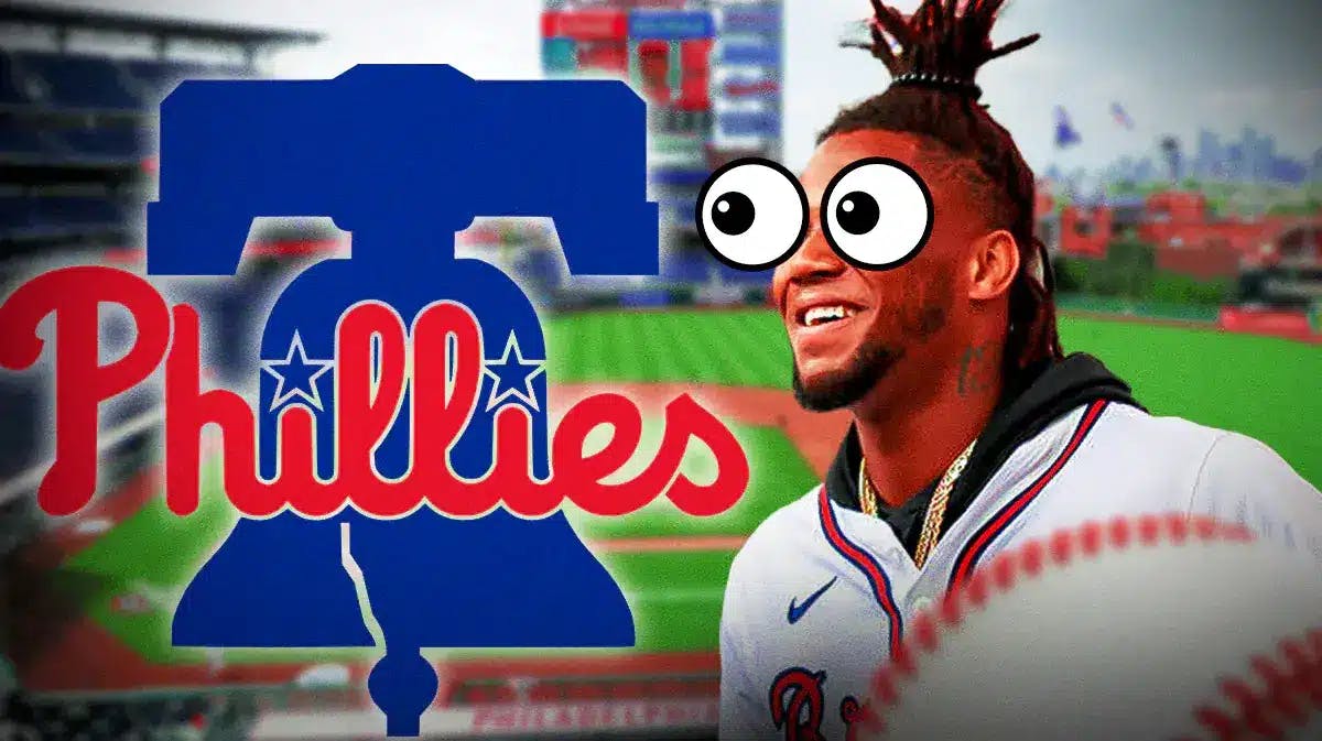 Ronald Acuna Jr. on one side with the big eyes emoji over his face, the Philadelphia Phillies logo on the other side