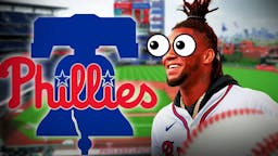 Ronald Acuna Jr. on one side with the big eyes emoji over his face, the Philadelphia Phillies logo on the other side