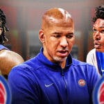 Pistons' Monty Williams looking concerned next to Ausar Thompson and Isaiah Stewart