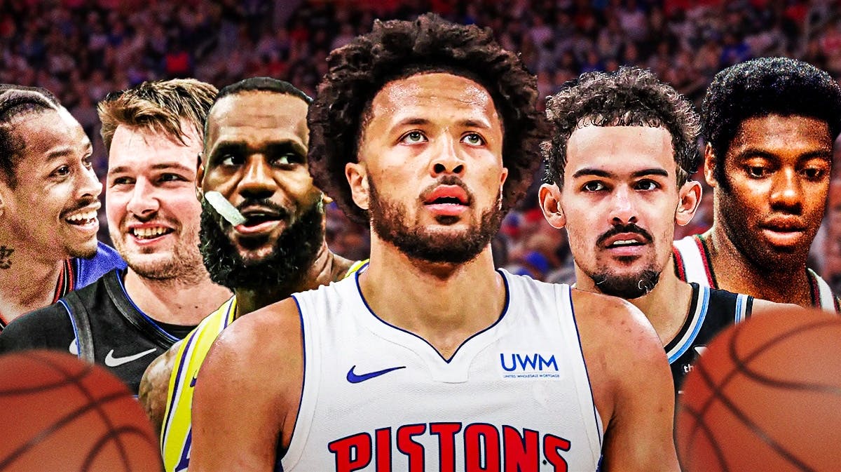 Pistons Cade Cunningham large in the middle surrounded by smaller images of Lebron James, Trae Young, Luka Doncic, Oscar Robertson, and Allen Iverson