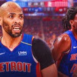 James Wiseman alongside Taj Gibson with the Pistons arena in the background. Have both players in the their Pistons jerseys