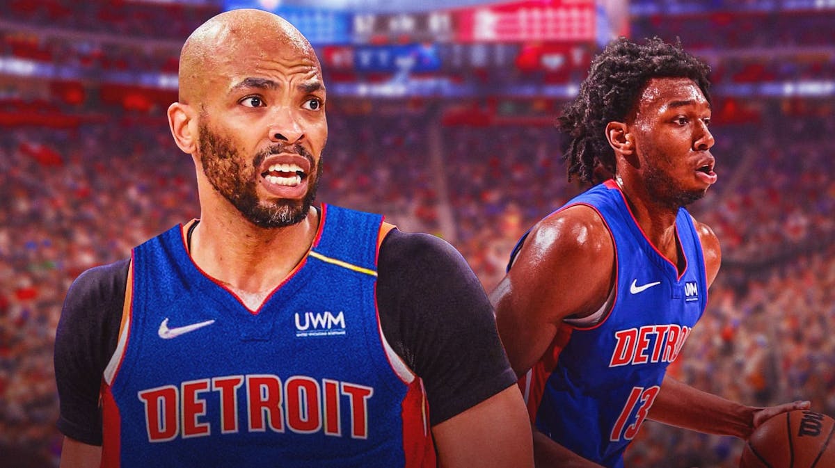 James Wiseman alongside Taj Gibson with the Pistons arena in the background. Have both players in the their Pistons jerseys
