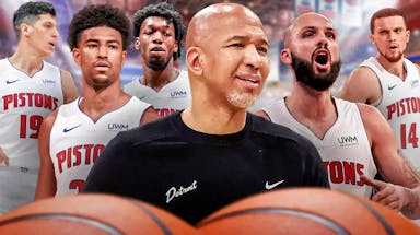 Pistons coach Monty Williams large in the middle surrounded by smaller pics of bench rotation players Simone Fontecchio, Quentin Grimes, James Wiseman, Evan Fournier, and Malachi Flynn