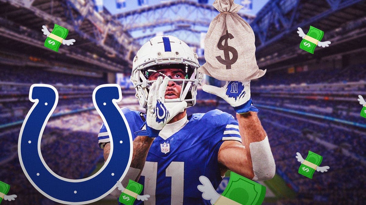 Colts Michael Pittman catching a bag of money surrounded by money