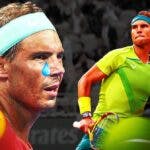 Rafael Nadal playing tennis, tear coming down his eye