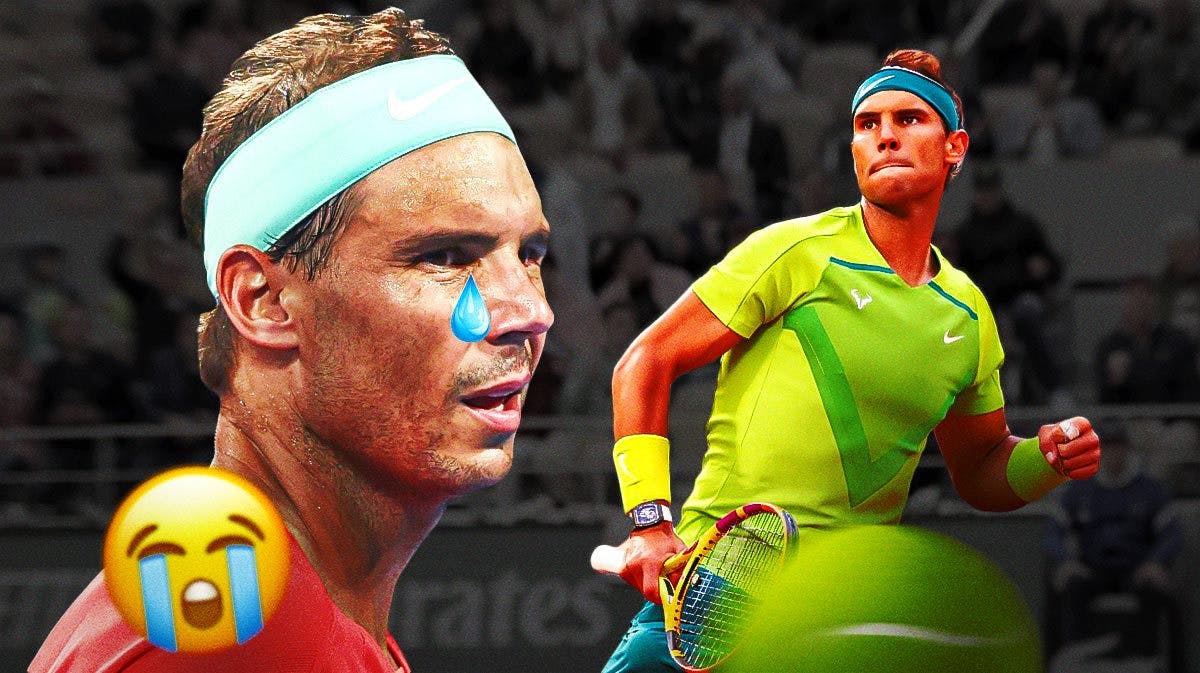 Rafael Nadal playing tennis, tear coming down his eye