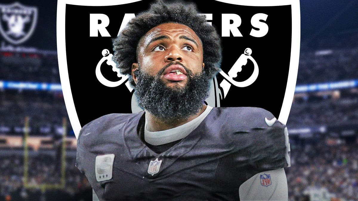 Christian Wilkins in a Raiders jersey in front of a Raiders logo