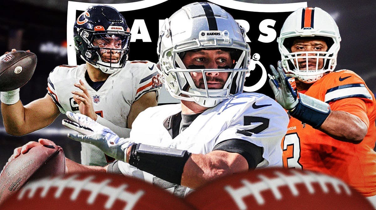 Broncos' Russell Wilson, Bears' Justin Fields, and Raiders' Brian Hoyer all throwing footballs. Raiders' logo in background.
