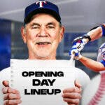 Rangers' Bruce Bochy smiling holding a piece of paper. On the paper, write the following: OPENING DAY LINEUP In background, need Rangers' Corey Seager swinging a baseball bat.