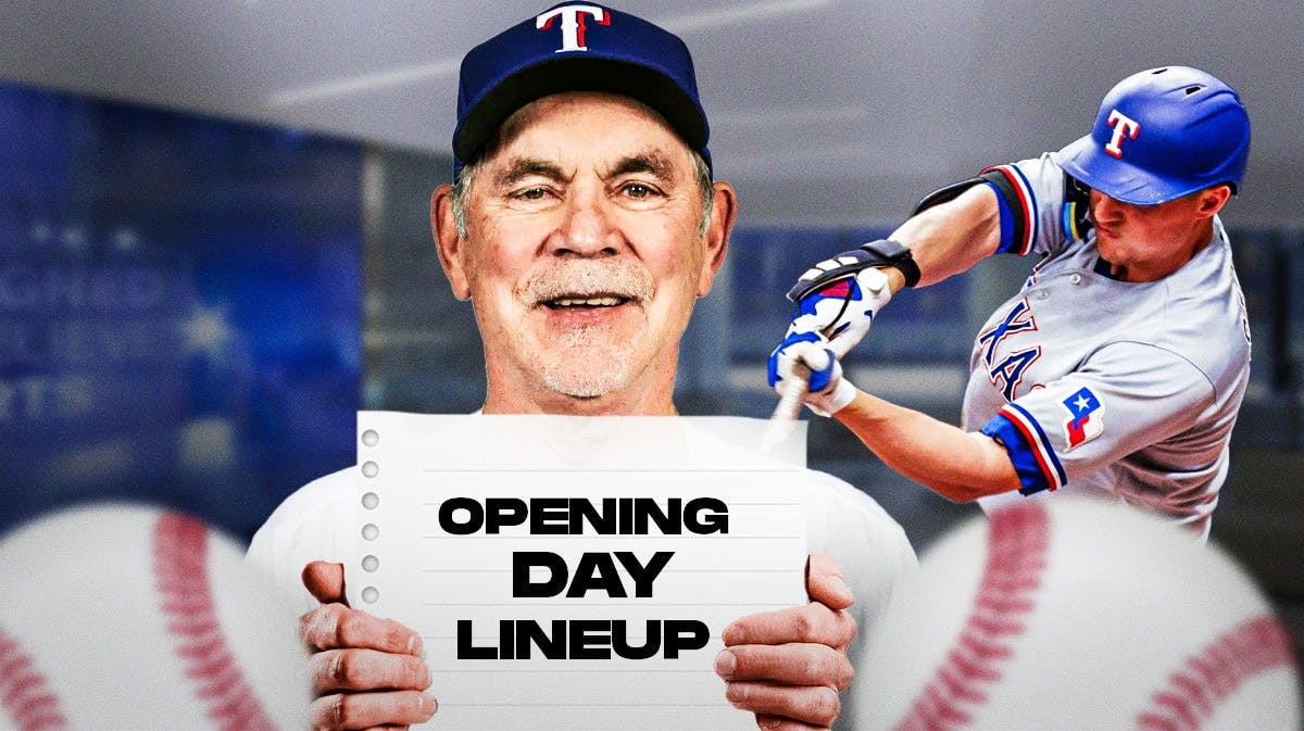 Rangers' Bruce Bochy smiling holding a piece of paper. On the paper, write the following: OPENING DAY LINEUP In background, need Rangers' Corey Seager swinging a baseball bat.