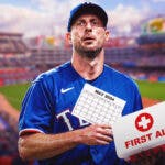 Rangers' Max Scherzer holding a first-aid kit on one hand and a May 2024 calendar on the other hand