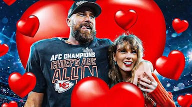 Travis Kelce and Taylor Swift with hearts around them