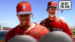Brayan Bello smiling next to Alex Cora. Cora saying “Go get 'em, kid!” (Boston Red Sox)