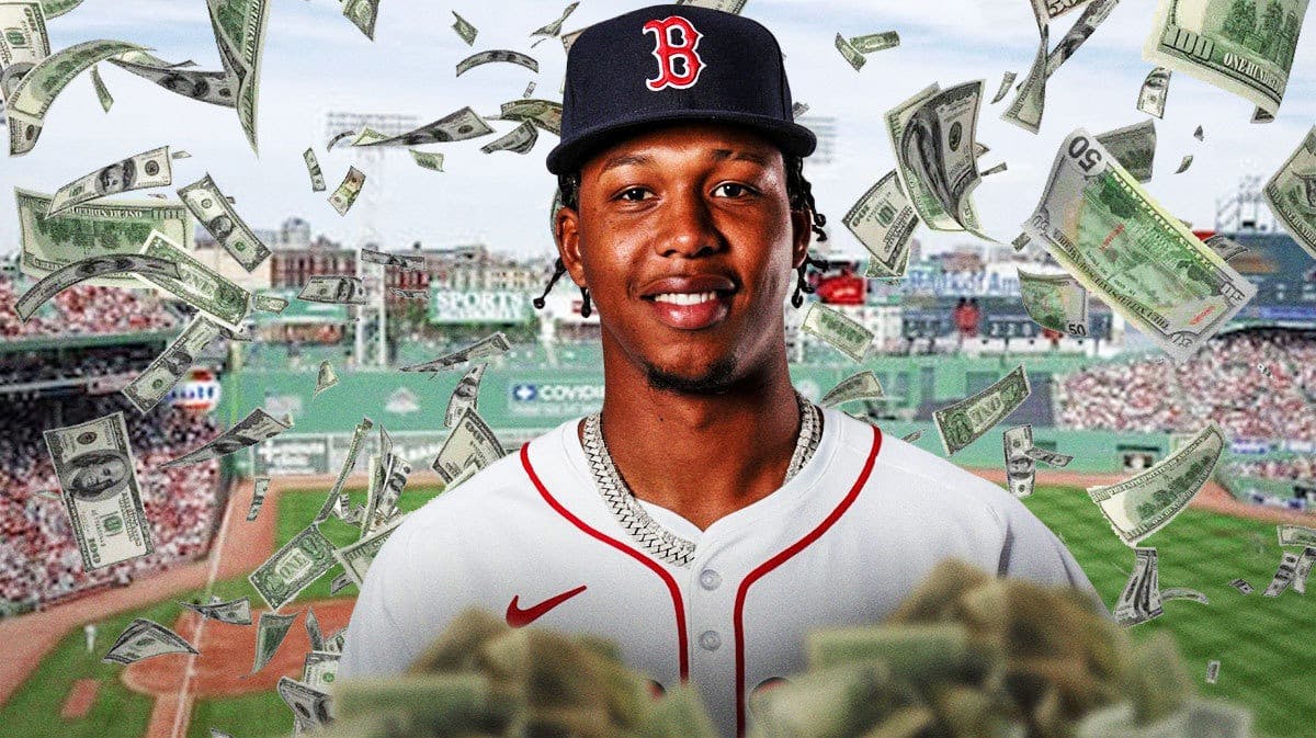 Red Sox pitcher Brayan Bello with money flying around him.