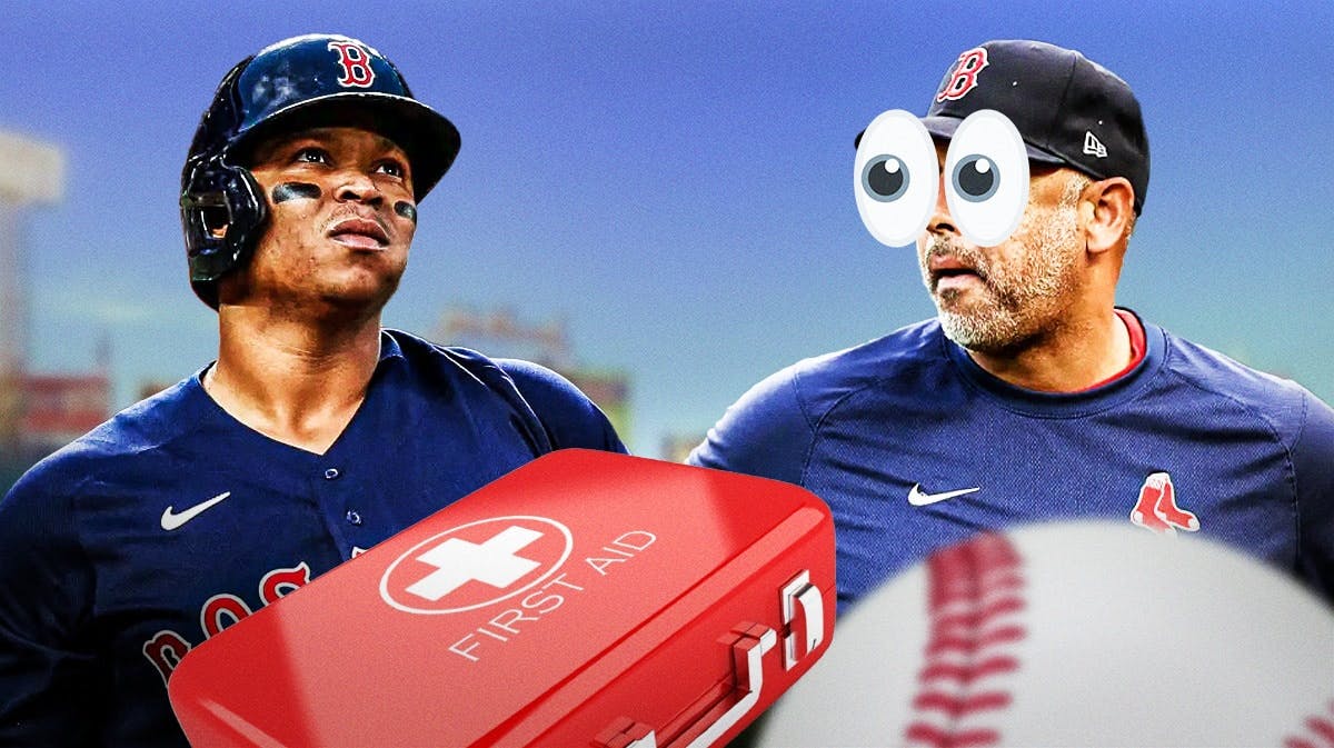 Rafael Devers on one side with an injury kit in front of him, Alex Cora on the other side with the big eyes emoji over his face