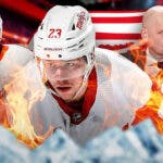 Lucas Raymond in middle with fire around him, Patrick Kane on one side and Derek LaLonde on the other, DET Red Wings logo, hockey rink in background