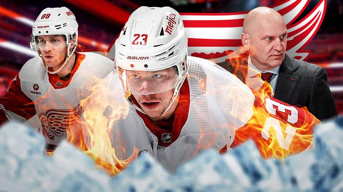 Lucas Raymond in middle with fire around him, Patrick Kane on one side and Derek LaLonde on the other, DET Red Wings logo, hockey rink in background