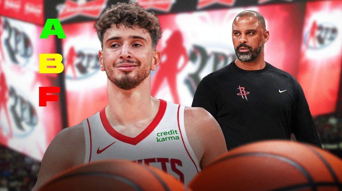 Rockets alperen Sengun smiling or pumped, with Ime Udoka behind him in the corner. Also need a couple grades on the thumbnail in green, yellow and red with question marks: “A?” is Green, “B?” is yellow, and “F?” is red