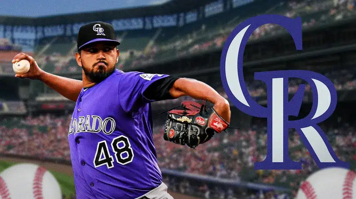 German Marquez throwing a pitch next to a Rockies logo at Coors Field