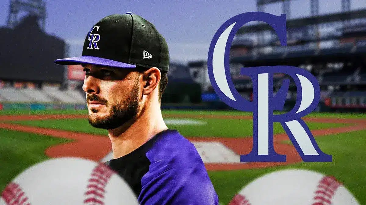 Kris Bryant next to a Rockies logo at Coors Field