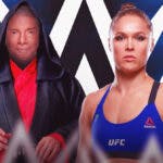 Vince McMahon’s face on Emperor Palpatine’s body next to Ronda Rousey with the WWE logo as the background.