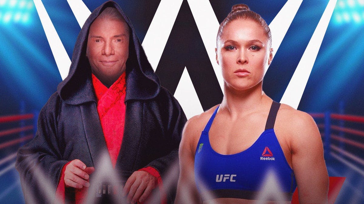 Vince McMahon’s face on Emperor Palpatine’s body next to Ronda Rousey with the WWE logo as the background.