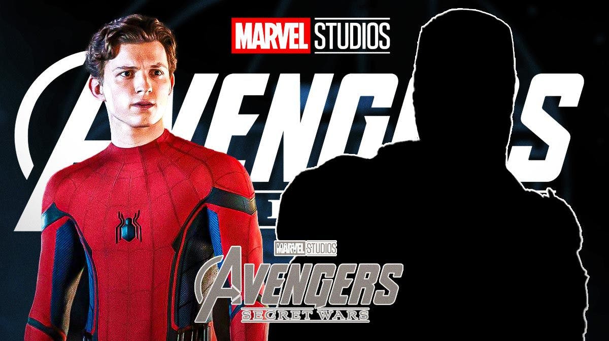 avengers: secret war logo, tom holland's spider-man, and silhouette of robert downey jr's iron man