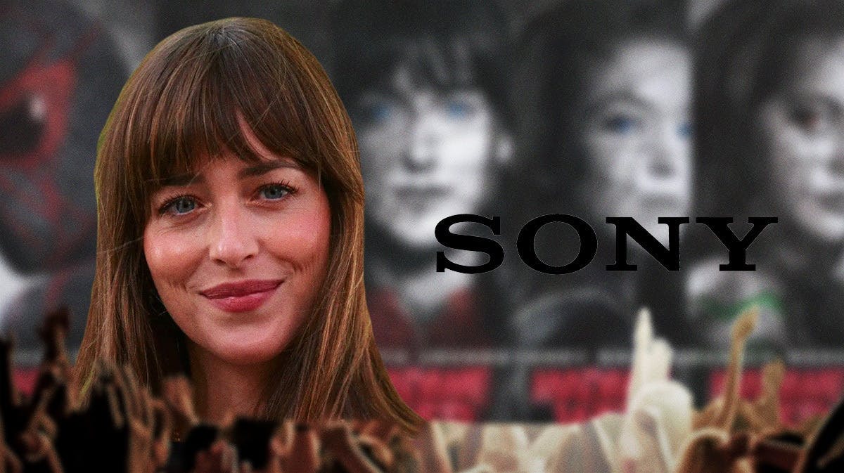 Dakota Johnson next to a Sony logo with Madame Web posters in the background