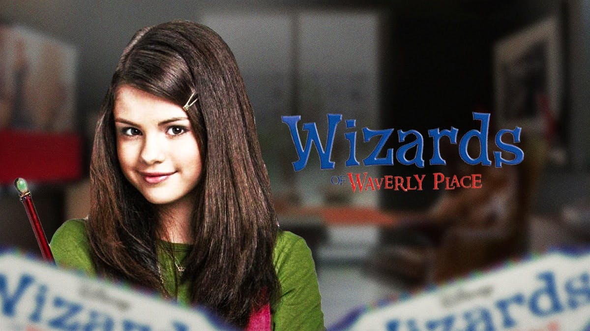 Selena Gomez with The Wizards of Waverly Place logo