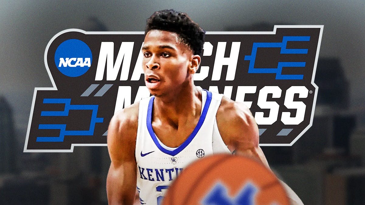 Shai Gilgeous-Alexander with March Madness logo behind him.