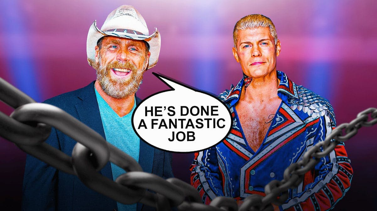 Shawn Michaels with a text bubble reading “He’s done a fantastic job” next to Cody Rhodes with the WrestleMania 40 logo as the background.